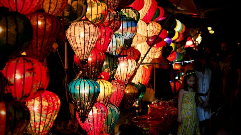 red and brown paper lanterns