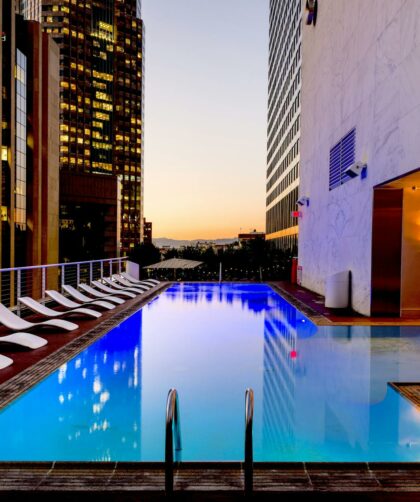 white sunloungers beside pool