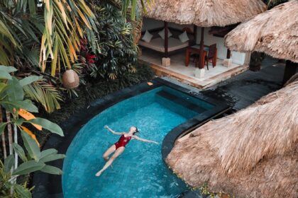 woman soaking on the swimming pool