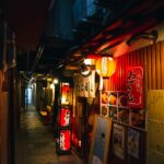 japanese cafes on empty narrow street in evening