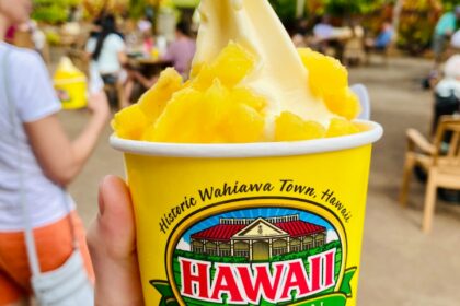 person holding a blue and yellow cup with yellow ice cream